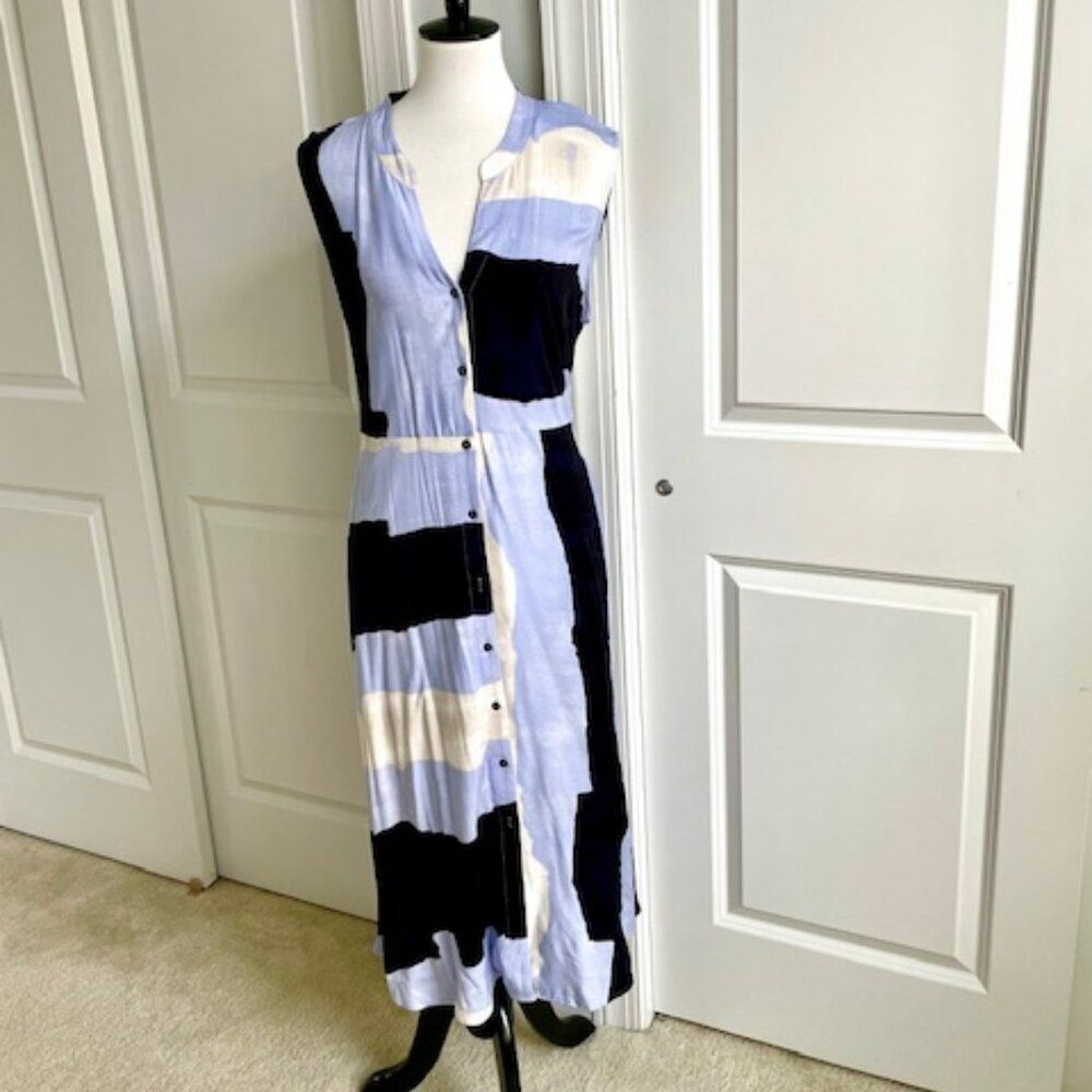 Nic + Zoe Blue and Black Button Down Sleeveless Midi Dress with Belt Size Large